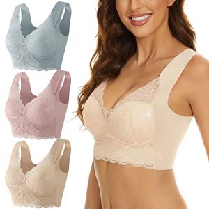 Lot de 3 Femme Soutien Gorge Grande Taille sans Armature Dos Nageur Dentelle Soutien Gorge sans Armature Brassière Femme Push up Col en V Bralette Comfit Rouge Brassiere sans Coutures (upperfeel, neuf)