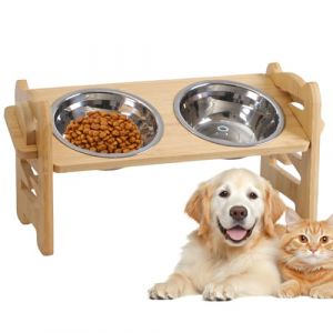 Gamelle sur&eacute;lev&eacute;e pour chien - R&eacute;glable - Pour chiens et chats - Support de gamelle sur&eacute;lev&eacute; en bois avec 2 gamelles en acier inoxydable - Gamelles sur&eacute;lev&eacute;es pour chiens de petite taille et moyenne (IKSETERATA, neuf)