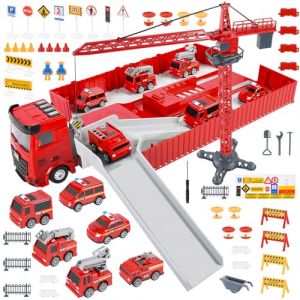 FORMIZON Camion de Pompiers Enfants, Camion Transporteur Voiture, Véhicules de Chantier Enfants avec Musique & Lampe, 6 Mini Camion de Pompiers, Jouets Grue sont Cadeau Parfait pour Enfants (Rouge) (FORIZEN, neuf)