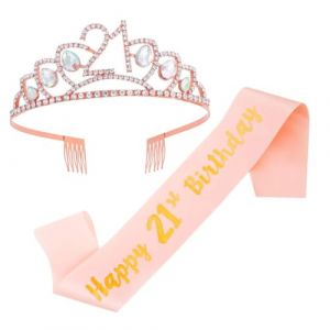 Housoutil Couronne D'anniversaire 21 Ans en Strass Rose Dor&eacute;, Bandeau et &Eacute;charpe Assortis pour F&ecirc;te, Accessoires de D&eacute;coration et Photographie, Fournitures de F&ecirc;te pour Filles, Ensemble (Entertainment First, neuf)