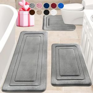 Wlian Lot de 3 tapis de bain en mousse &agrave; m&eacute;moire de forme antid&eacute;rapants, absorbants, r&eacute;sistants &agrave; l'eau, doux pour le bain et la toilette, gris 120 x 50 cm + U50 x 60 cm + 50 x 80 cm (WlianJp, neuf)