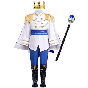 IBAKOM Enfants Garçons Déguisement Prince Prince Roi Costume Médiéval Royal Halloween Cosplay Tenues Chemise Pantalon Couronne Cap Couvre-Chaussures ensembles Bleu foncé 11-12 ans (ZhuL, neuf)