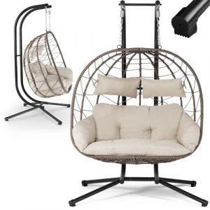 Fauteuil Suspendu Double Aria de Juskys - Fauteuil Suspendu en polyrotin avec Support & Coussins - balancelle pour Deux Personnes - Fauteuil d'extérieur/d'intérieur - Panier XXL Beige (Juskys Gruppe GmbH, neuf)