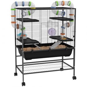 PawHut Cage pour hamsters Cage pour rongeurs avec roues, tubes, étagères, rampes, roue d'exercice, bol de nourriture, bouteille d'eau, cage pour cochons d'Inde pour gerbilles, hamsters syriens, noir (AOSOM-DE, neuf)