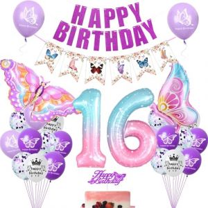 Papillon Ballon 16 ans D&eacute;co d'anniversaire, Papillon 16 ans anniversaire fille ballon, Papillon Ballon 16 ans Decoration anniversaire, 16 ans Papillon Ballon fille (Yishamei, neuf)