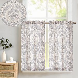 TOPICK Lot de 2 Rideaux 65 x 90 cm (l x H) Brise-bise en Lin Vintage - Style Maison de Campagne - Imprimé Floral - Opaques - pour Cuisine, Salon, Maison de Campagne - Gris sur Beige (Audrey Home Fashion, neuf)