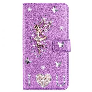 Strass Coque Samsung Galaxy A21S,Xifanzi &Eacute;tui en cuir Housse Coque Brillant Flip Portefeuille Ange Glitter Bling Diamant Coque Antichoc Pochette pour Samsung Galaxy A21S PU Cuir &Eacute;tui,Violet (Bolong, neuf)