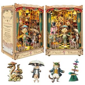 CUTEROOM Kit DIY Book Nook - Maison de Poup&eacute;e en Bois Miniature avec &Eacute;clairage LED et Housse Anti-poussi&egrave;re - Mod&egrave;le en Bois &agrave; Construire avec Meubles (Th&eacute;&acirc;tre de Marionnettes) (CUTE ROOM, neuf)