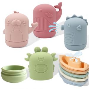 ATAUSD Jouet de Bain B&eacute;b&eacute; 9 Pi&egrave;ces - Bath Toy en Silicone avec Bateau et Sac de Rangement - Cadeau pour B&eacute;b&eacute;s et Tout-Petits (Feida-store, neuf)