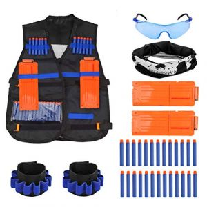 TIMESETL Veste de Rangement Gilet Tactique pour Nerf N-Strike Elite, Gilet Nerf, Accessoires pour Nerf avec 30 Fléchettes + 2 Clips de Chargement Rapide + 1 Lunettes + 1 Masque + 2 Bracelets (TXJ-EU, neuf)