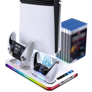 Lomffy Support PS5 pour PS5/PS5 Slim/PS5 Pro, P5 Ventilateur Station de Refroidissement avec Ventilateur à 3 Niveaux et 8 Lumières RGB, Chargeur Double Manette, 6 Emplacements de Jeu, 4 Ports (YUANLUKEJI, neuf)