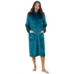 Slumber Hut&reg; Peignoir en molleton enti&egrave;rement zipp&eacute; pour femmes, gris, longueur longue - Coupe en flanelle, col style mandarin - Effet vague en relief - Taille 8 10 12 14 16 18 20 22, 50-52 (Undercover Hosiery & Lingerie, neuf)