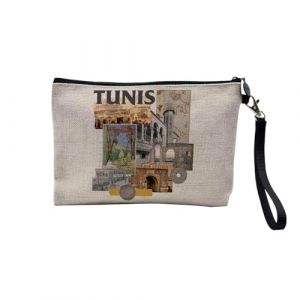 Pochette en Lin - Tunis Vintage Collage Tunisie Voyage Vintage - Trousse Maquillage en Toile Aspect Lin - Trousse de Toilette - 23,5 x15 cm (FabulousBOUTIK, neuf)