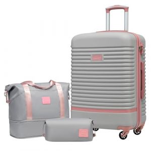 COOLIFE Valise Trolley Valise de Voyage en ABS Coque Rigide Trolley 4 Roues Serrure TSA La Valise Contient 1 Sac de Voyage et 1 Trousse de Toilette (Gris/Rose, Lot de 3 valises Moyennes) (Coolife EU Directly, neuf)