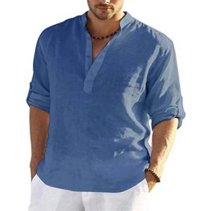 PADOLA Chemise Homme Chemise Lin Homme Col Mao Chemise Manches Longues Uni Henley Shirts Chemise en Lin été Grande Taille Chemise de Plage Classique Casual Décontractée (M, 7 Bleu) (Chaos World Apparel, neuf)