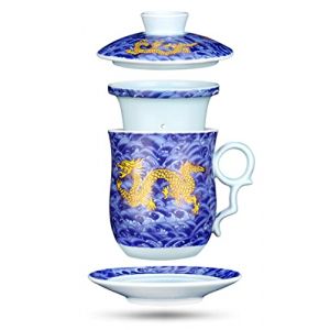 YURROAD 400ml Tasse &Agrave; Th&eacute; 4-en-1 avec Couvercle, Infuseur et Soucoupe, Motif Dragon Chinois, C&eacute;ramique Mug - TC400 Bleu (YURROAD CRAFTS, neuf)