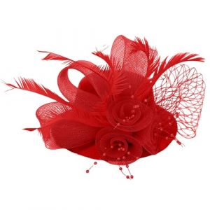 Fascinator Bibi en maille pour femme avec perle et plume - Chapeau sur un chapeau fourch&eacute; - Pour cocktail, th&eacute;, f&ecirc;te (rouge, taille unique) (jksmyx, neuf)