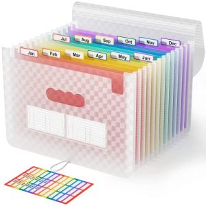 ABC life A4 Rangement Papier Administratif Trieur 12 Compartiments,A4 Trieur Document avec Motif de Grille, Portable Valisette Trieur Accordeon, Accordéon Organiseur de Dossiers de Fichiers(Rose) (ABC life' store, neuf)