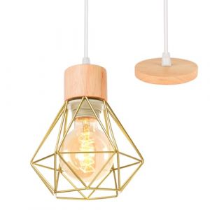 TOKIUS E27 Plafonnier Industriel Suspension Luminaire Vintage Design Lustre M&eacute;tal R&eacute;tro forme Cage &Oslash;160mm &eacute;clairage plafond 40W, Dor&eacute; (Lustre avec bois -1pcs) (TOKIUS, neuf)