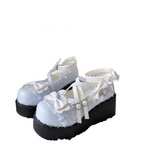 Chaussures &agrave; plateforme Mary Jane &agrave; bout rond et talon &eacute;pais pour filles chaussures de soir&eacute;e mignonnes en dentelle blanche avec n&oelig;ud d&eacute;coratif (Bleu,36) (Conghuakeji, neuf)