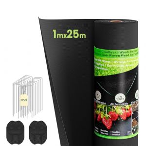 Dripex Toile de Paillage avec 50pcs de Piquets Contre Les Mauvais Herbes, G&eacute;otextile Non Tiss&eacute; 1mx25m Toile de Paillage, 100g/m&sup2; Anti-Mauvaises Herbes, Perm&eacute;able &agrave; l'eau, R&eacute;siste Rayons UV (Elektronik Trade, neuf)