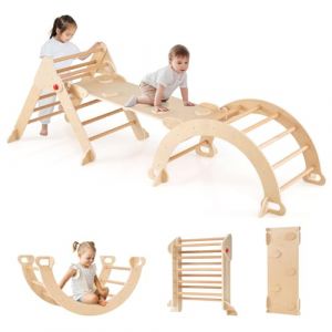 GOPLUS 7 en 1 Triangle Arche Montessori, Arche d'escalade Enfants avec Toboggan Bois,Rampe, Échelle Réglable, Parcours Motricité Bois Montessori pour Tout-Petits Bébé Garçons Filles 3 Ans+ (Augenstern24, neuf)