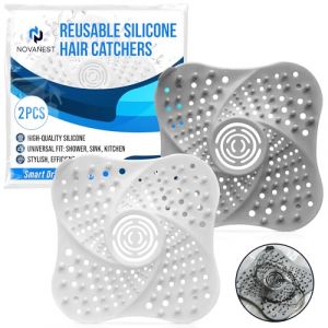 NOVANEST 2 Pcs Silicone Attrape Cheveux Douche avec Ventouses Ultra-Fortes | Filtre Cheveux Douche | Anti Cheveux Douche | Facile &agrave; Nettoyer et R&eacute;utilisable [Blanc | Gris] (Samby Store FR, neuf)