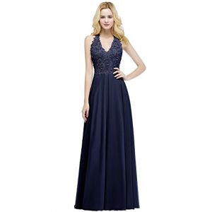 Misshow Robe Femme Elégante Chic Longue au Sol Robe de Soirée pour Mariage en Dentelle Florale Sexy Dos Nu Ajourée Bleu Marine 42 (Miss Show, neuf)
