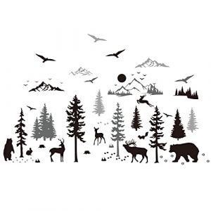 SUPERDANT Noir et Blanc Forêt Cerf Stickers Muraux Montagne Soleil Thème Stickers Muraux avec Oiseau Ours Écureuil Décoration Murale Vinyle Décoration Murale pour Chambre D'Enfant Salon 29cmx90cm (SUPERDANT EU, neuf)