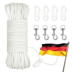 Vaskula 25 m Corde Nylon Blanc Diam&egrave;tre 6 mm Corde Escalade avec 4 Crochets en M&eacute;tal et 4 Crochets en Nylon Balancoire R&eacute;sistante Aux Intemp&eacute;ries pour M&acirc;t de Drapeau Tente Camping (WSCHUAN, neuf)