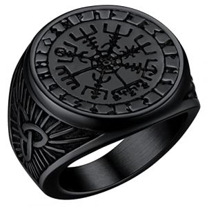 FaithHeart Bague Vegvisir Celtique Homme Taille 64 Chevali&egrave;re Viking Boussole Runique Nordique Acier Inoxydable Noir (FaithHeart Jewellery, neuf)