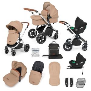 Poussette Tout-Terrain 12pcs Ickle Bubba Stomp Luxe – Système de Voyage 3 en 1 avec Siège Auto i-Size Cirrus + Base ISOFIX – Siège Réversible, Landau & Accessoires (Argent/Désert/Beige) (Ickle Bubba FR, neuf)