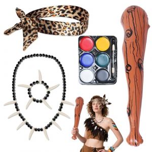 Costume Homme des Cavernes avec Accessoires - Ensemble Complet avec Maquillage, Bâton Gonflable, Tête de Panthère, Collier et Bracelet - Taille Unique (YIKA2021, neuf)