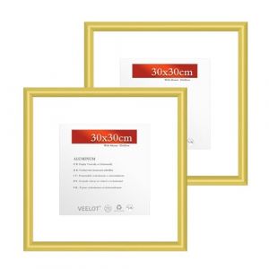 Veelot&reg; 2x Cadre Photo 30x30cm M&eacute;tal Aluminium Dor&eacute; Mat,Passe-partout 20x20cm | Cadre Photo Carr&eacute; Moyen Cadre D&eacute;coration Dessin Dipl&ocirc;me,Montage Mural Uniquement (MingCheng ART, neuf)