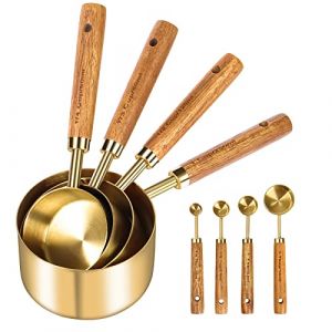 Cuteefun Ensemble De 8 Cuill&egrave;Res Et Tasses &agrave; Mesurer, Manche En Bois, Avec Mesures M&eacute;Triques Et Am&eacute;Ricaines, Acier Inoxydable, Finition Polie Or, Tasse &agrave; Mesurer S&egrave;Che Et Liquide, Pour La Cuisson (WangChuan-HT, neuf)