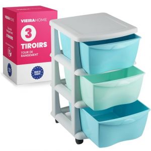 Tour de Rangement Plastique 3 tiroirs | Meuble Rangement à Tiroirs en plastique sur roulettes caissons | Tiroir Rangement bac plastique boite - Fabriqué en Europe (Bleue) (Propolinature, neuf)