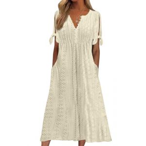 Joligiao Robe Femme Ete Robe Longue Femme avec Poches Chic et Elegant Robe de Plage Col V Robe Boheme Manche Courte Decontractée Robe d'été Femme Longue Robe Fluide Boho Maxi Robe(Jaune,L) (YonYee, neuf)