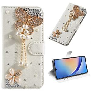 BLOTECH Glitter 3D Cristal Sparkle Case pour Samsung Galaxy A15 Coque Briller Diamant Strass Housse Pochette en Cuir Back Etui Folio Couverture Protecteur Coquille pour Samsung Galaxy A15,Papillon (Bolong, neuf)