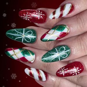 24 pi&egrave;ces vacances presse sur ongles vert scintillant flocons de neige th&egrave;me faux ongles port rapide manucure artificielle No&euml;l presse sur ongles plaids verts paillettes flocon de neige (Ixkbiced, neuf)