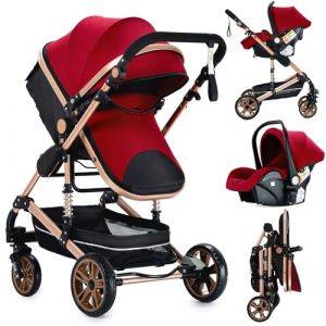 Nine point nine Poussette 3 en 1, Poussette Bebe avec Double Modes de Poussée Réversibles, Poussette Canne avec Grande Nacelle Confortable, Pousette avec Cadre Aluminium Haute Paysage (739 Red) (Kaiwen baby products, neuf)