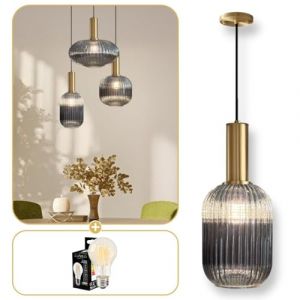 Lumeo creative | Suspension verre fumé Cristali | Lustre vintage pour salle à manger, ilot de cuisine, entree | suspension luminaire salon doré | Suspension vintage (Gris Intense, A - Poignée Tube) (Lumeo Creative, neuf)