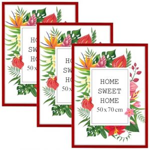 MG Design Lot de 3 Cadres Photo 50 x 70 cm en Bois Massif – Rouge, avec Verre Acrylique – à Suspendre ou à Poser, Orientation Rougeicale ou Horizontale – pour Photos, Affiches, Puzzles (MGDESIGN, neuf)