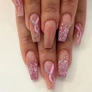 Faux ongles, ongles à presser Faux ongles longs en forme de cercueil avec colle, faux ongles marron portables avec strass, presse de Ballet, couverture complète(4) (zhangtingamz, neuf)