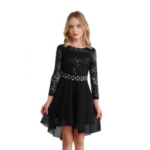 Freebily Robe Princesse Soiree Fille Enfant Robe De Ceremonie Mariage Manche Longue Dentelle Strass Chiffon A-Ligne Robes Ecole Et&eacute; Fete Party Noir 13-14 Ans (MissPretty, neuf)
