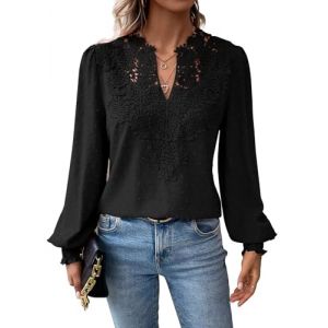 TUUHAW Tee Shirt Manche Longue Femme Chemisier Femme Chic et &Eacute;l&eacute;gant Automne Boh&egrave;me Col en V Tunique Fluide &agrave; Point T-Shirts Suisse Chemise Volants D&eacute;contract&eacute; Blouses Loose Hauts Noir S (aiaolan, neuf)