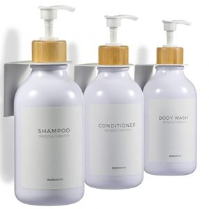 MaisoNovo Distributeur Savon Mural - Distributeur shampoing et Gel Douche - 500 ML Lot de 3 Bouteilles en Plastique Blanc, Pompe en Bambou Blanc - Distributeur shampoing (Maisonovo, neuf)