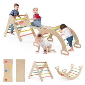 GOPLUS 7 en 1 Triangle Arche Montessori, Arche d'escalade Enfants avec Toboggan Bois,Rampe, Échelle Réglable, Charge 50KG, pour Tout-Petits Bébé 1 Ans+(Pastel) (Augenstern24, neuf)
