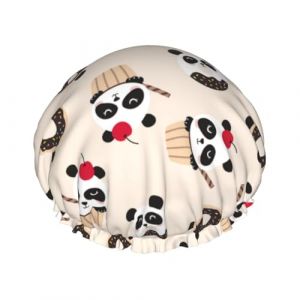 Bonnet de douche, bonnet de douche imprim&eacute; beignet panda pour femme, r&eacute;utilisable, imperm&eacute;able, bonnet de douche pour douche, double couche &eacute;lastique pour cheveux longs (JQMY-EU, neuf)