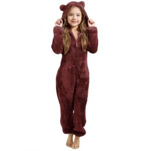 Combinaison Pyjama Enfant Fille Garçon 3-12 Ans Douce Pyjama Combinaison Surpyjama pour Enfants Grenouillère Hiver Chaude Doublée Polaire avec Capuche Oreilles de Chat Déguisement (Red, 11-12 Years) (Beythetly, neuf)