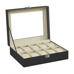 SONGMICS Boîte à Montres à 10 Emplacements, Coffret à Montres, Couvercle en Verre, Serrure en Métal, Revêtement en Noir et Doublure en Beige Verdâtre JWB010 (SONGMICS HOME FR, neuf)